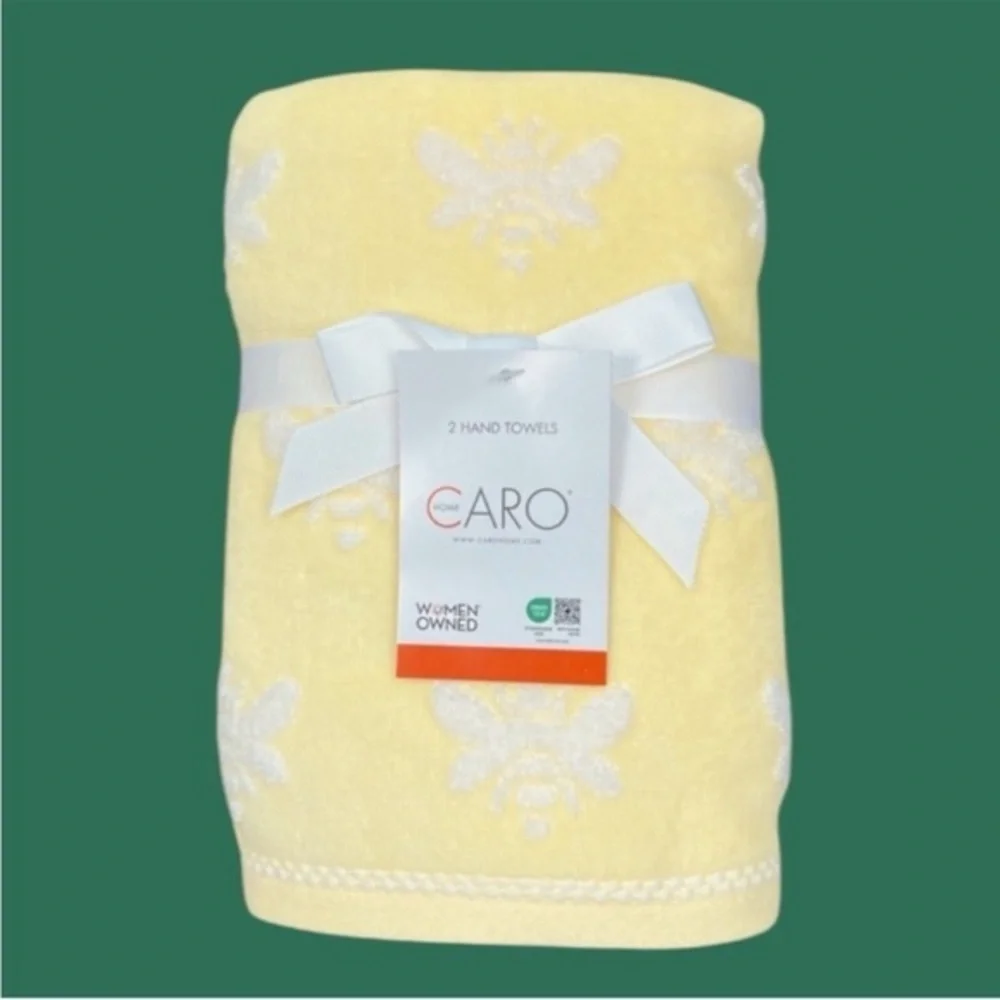 Caro - ‘ Pastel Yellow Bees’ Plush Hand Towels (2). NWT. Firm!